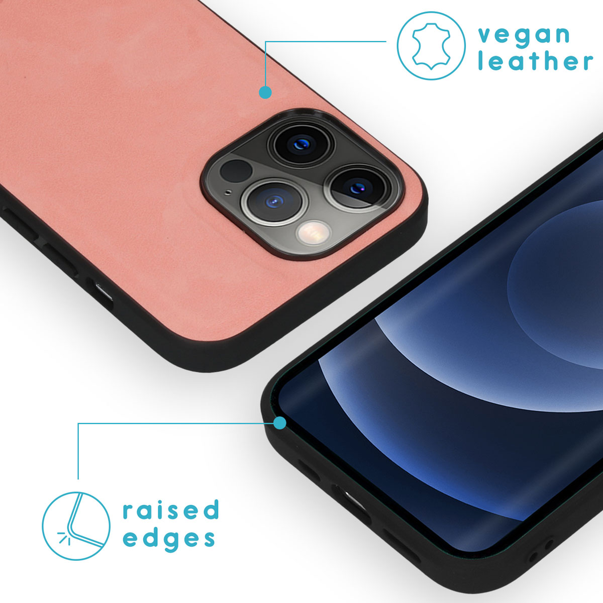 Een roze telefoonhoes van vegan leer en heeft opstaande randen. De telefoon is zichtbaar.