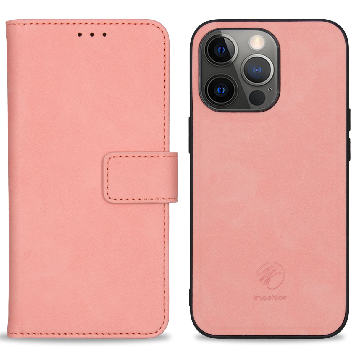 Roze telefoonhoes met een telefoon erin, open, de achterkant van de telefoon en de hoes tonend.