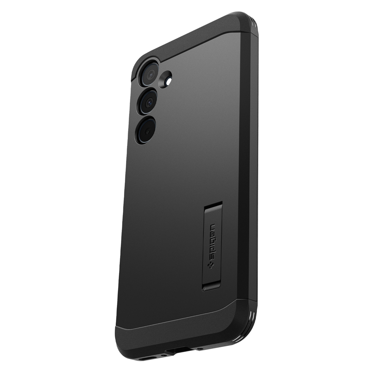 Eine elegante schwarze Handyhülle mit Ständer, die ein minimalistisches Design und Details der Kameralinse zeigt.