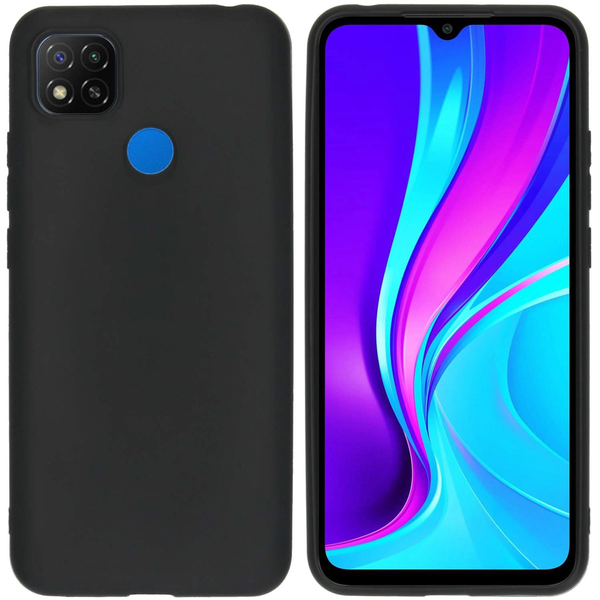 Zwarte telefoonhoes. Telefoon heeft drie camera's en een blauwe knop aan de achterkant.