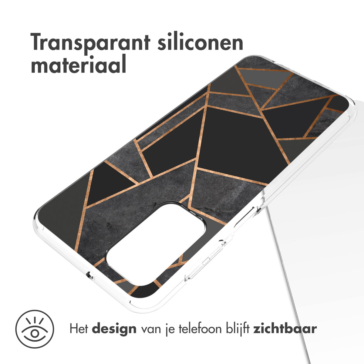 Une coque de téléphone transparente avec un design géométrique noir et doré. Le design du téléphone reste visible.