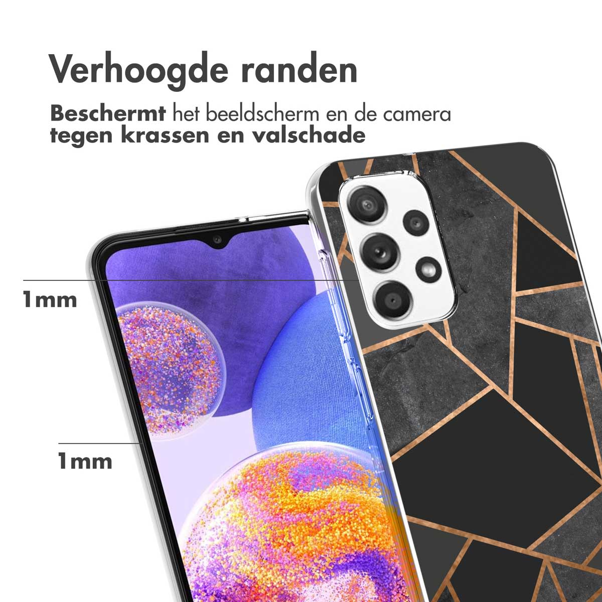 Téléphone dans une coque avec un design géométrique. La coque et le téléphone sont sur un fond blanc.