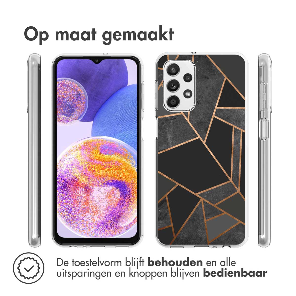 Coque de téléphone noire avec un design géométrique sur fond blanc.