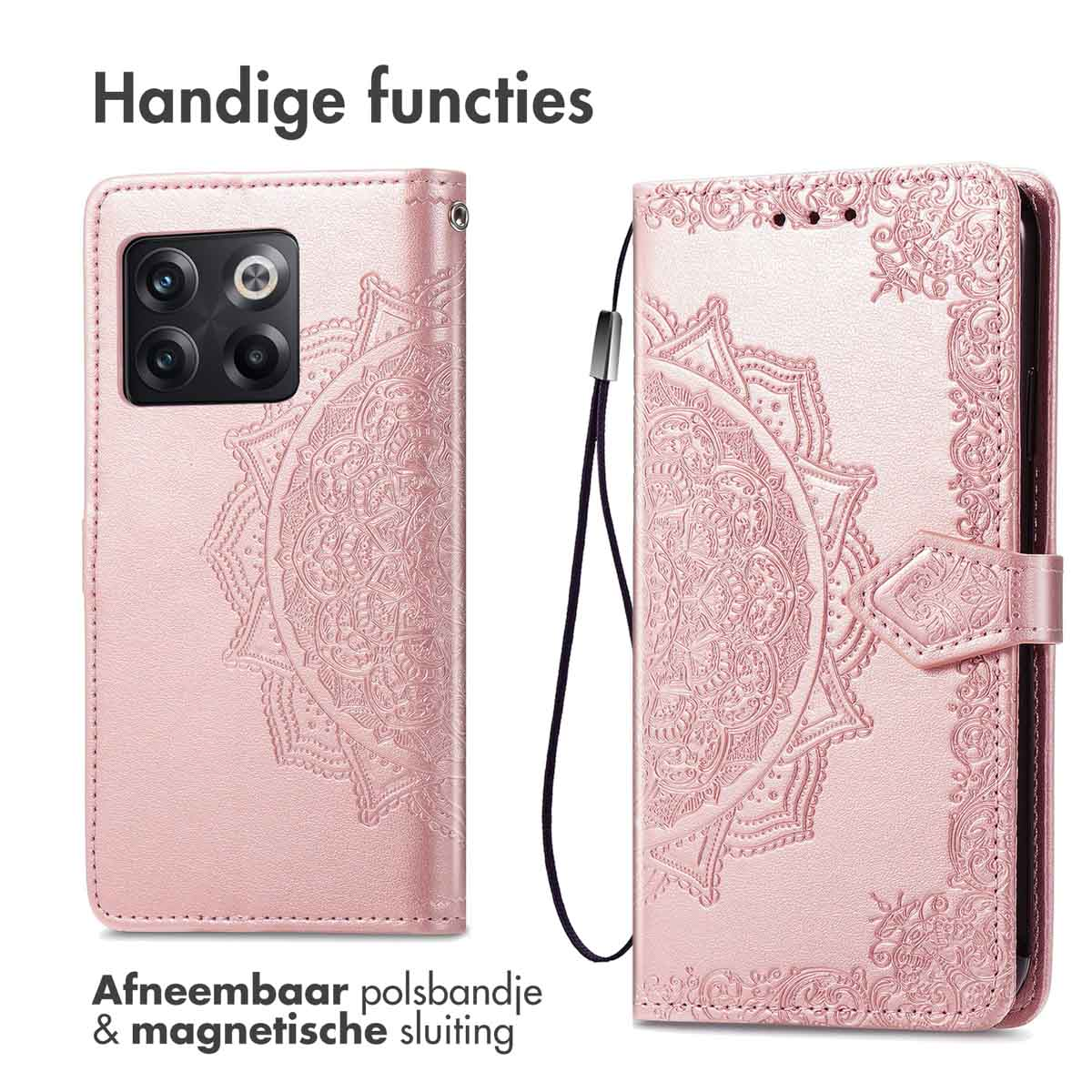 Étui de téléphone rose avec motif mandala, dragonne amovible et fermeture magnétique.