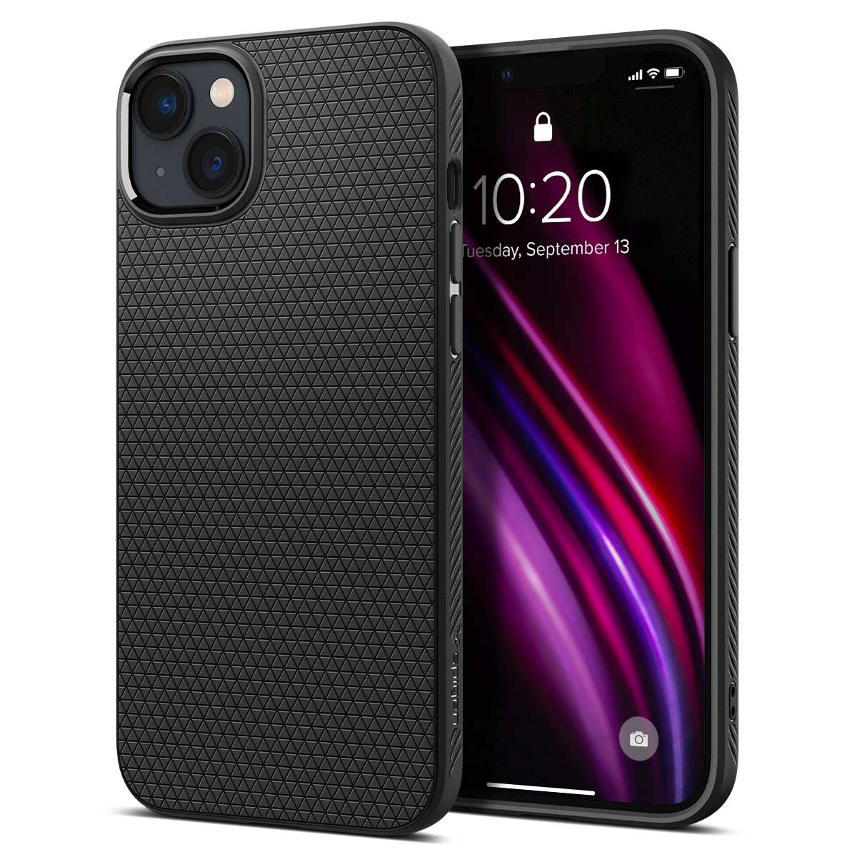 Coque de téléphone noire sur fond blanc. Le téléphone est noir et a un design texturé.