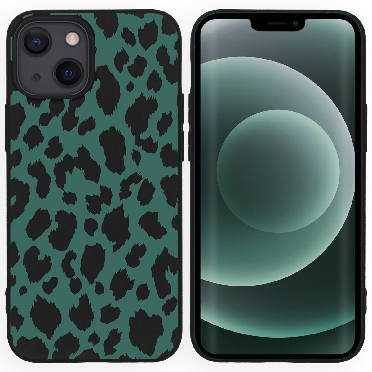 Een groene telefoonhoes met een zwart luipaardprint ontwerp. De hoes bevindt zich op de achterkant van een telefoon.