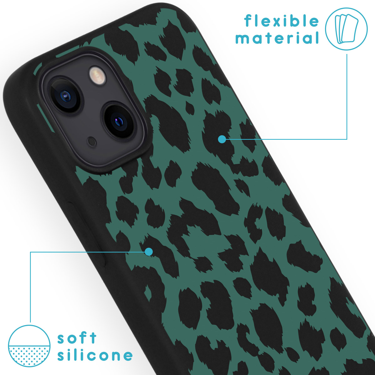 Zwarte telefoonhoes met teal luipaardprint, zwart cameramodule en witte beschrijvende tekst.