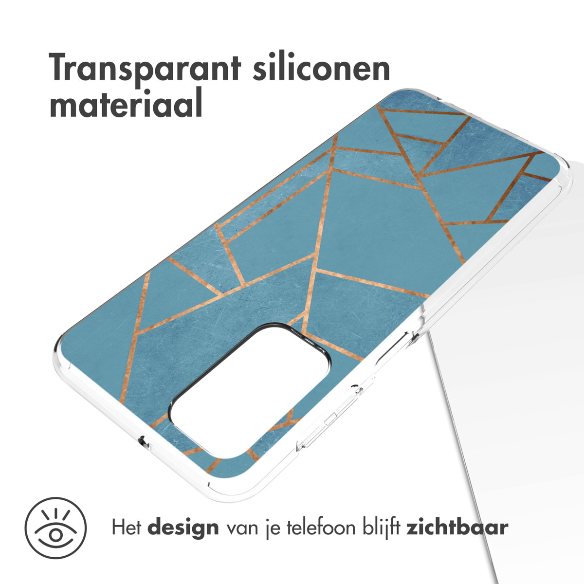 Coque de téléphone transparente avec un design géométrique bleu. La coque est transparente. Fond blanc.