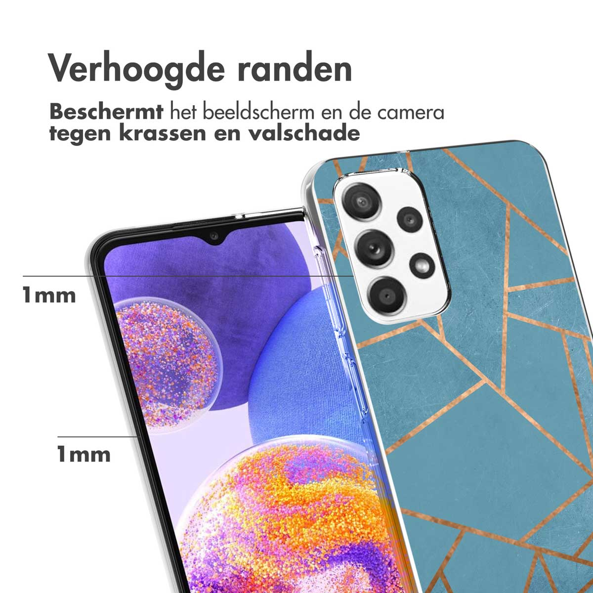 Coque avec un design bleu et or. Le texte indique une protection pour l'écran et la caméra.