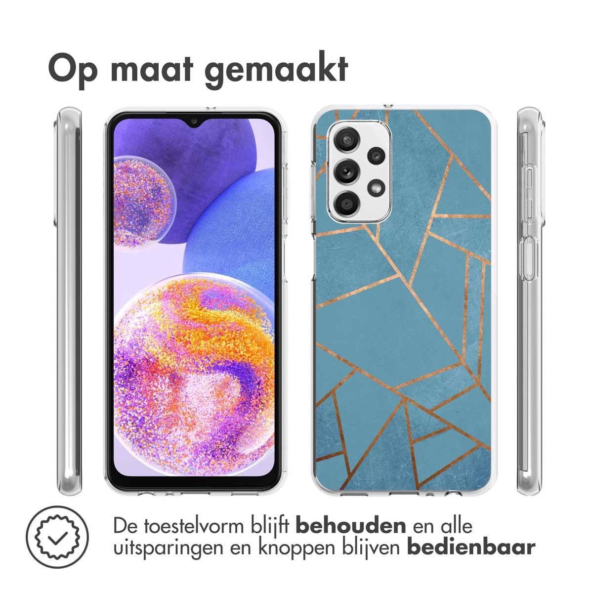 Coque de téléphone avec design bleu et or. Trois vues. Écran du téléphone visible. Texte en haut.
