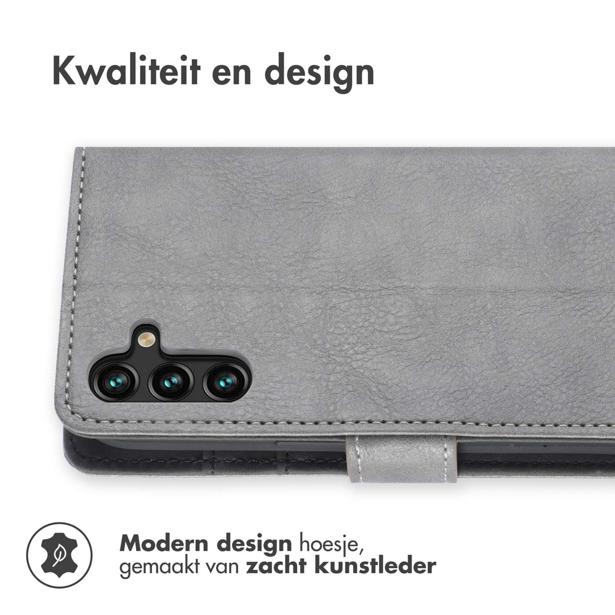 Grijze telefoonhoes met een telefoon erin. De tekst luidt "Modern design" in het Nederlands.