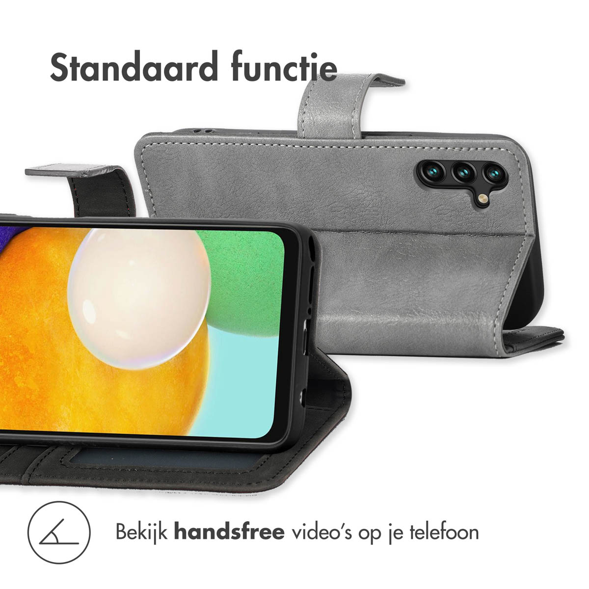 Een grijze telefoonhoes met een telefoon erin, in open positie. Het telefoonscherm is zichtbaar.
