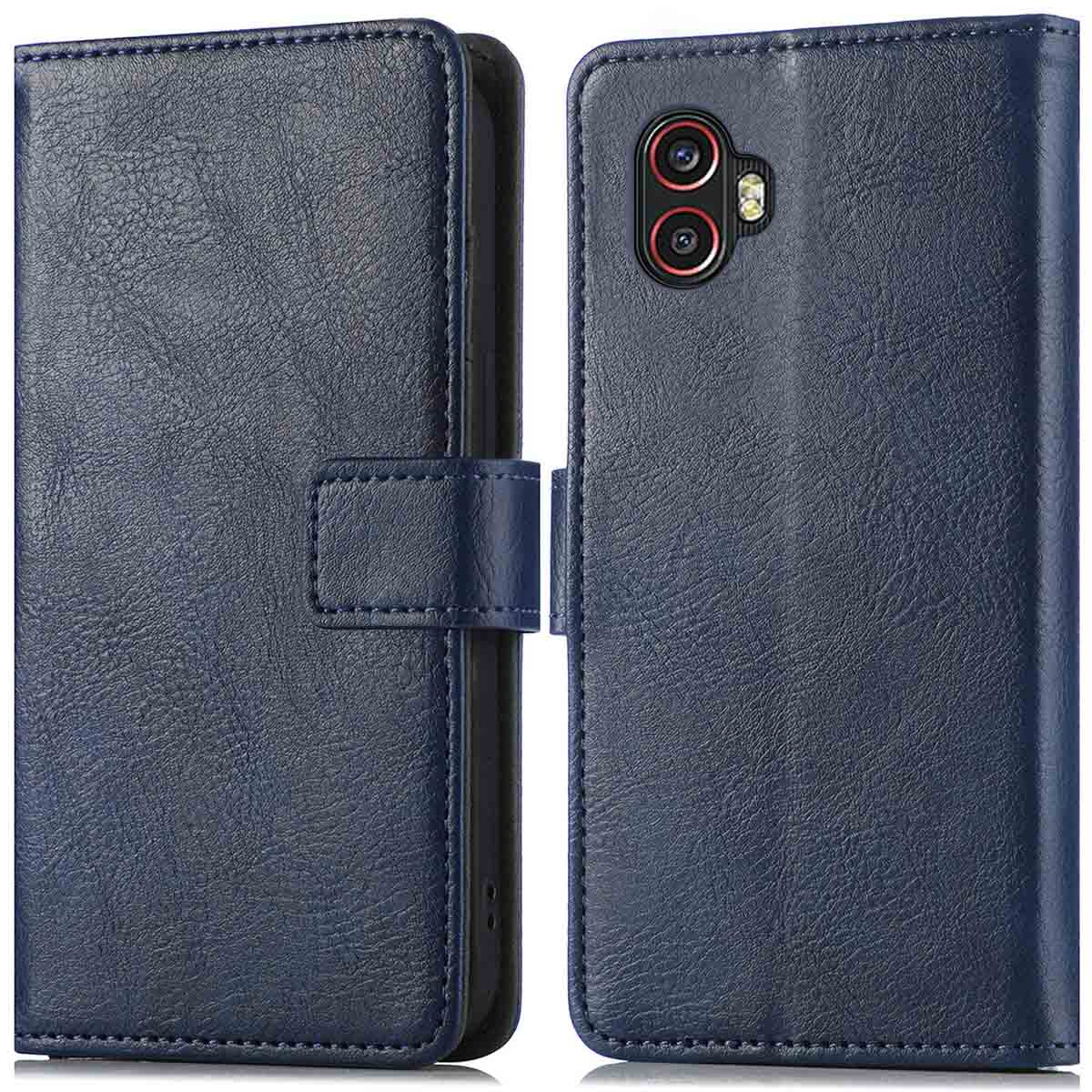 Étui de téléphone en cuir bleu, ouvert pour montrer la caméra.