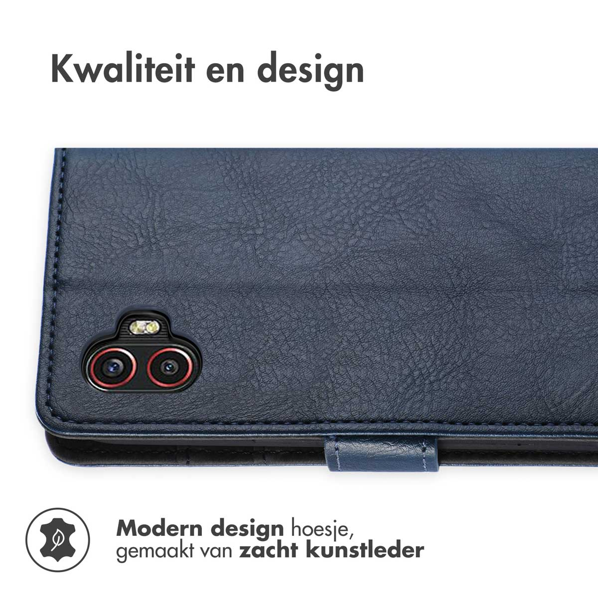 Coque de téléphone bleue ouverte, téléphone à l'intérieur, avec une couverture bleu foncé. Texte: Qualité et design, cuir souple.