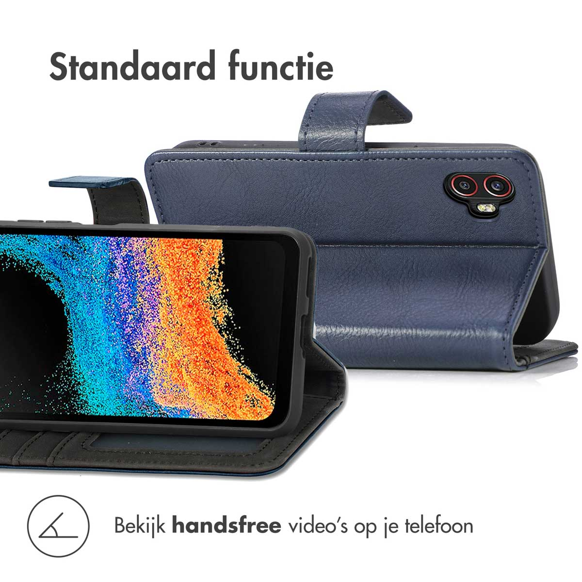 Coque bleue, écran de téléphone avec art abstrait coloré, fonction support.