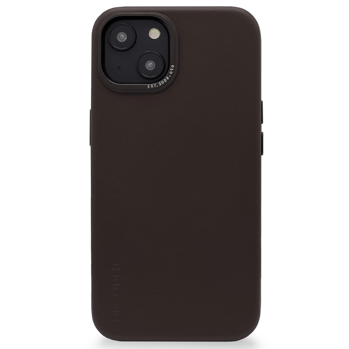 Custodia per telefono marrone, con un modulo fotocamera a tre lenti. La custodia copre il telefono, con un logo.