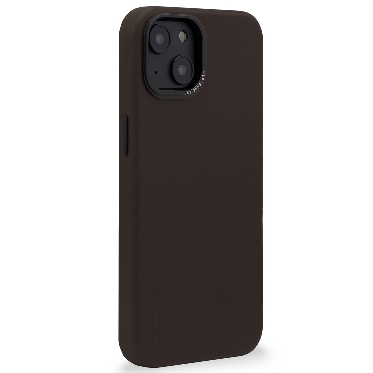 Una custodia per telefono marrone con un ritaglio per la fotocamera e un lato marrone scuro. La custodia ha una texture liscia.