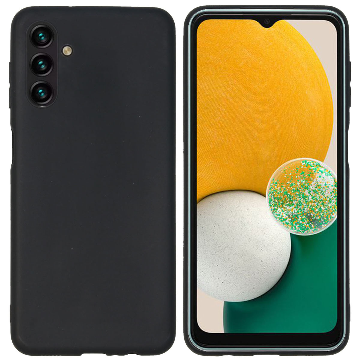 Zwarte telefoonhoes met een telefoon erin. De telefoon heeft een zwarte achterkant en een scherm met kleurenpunten.