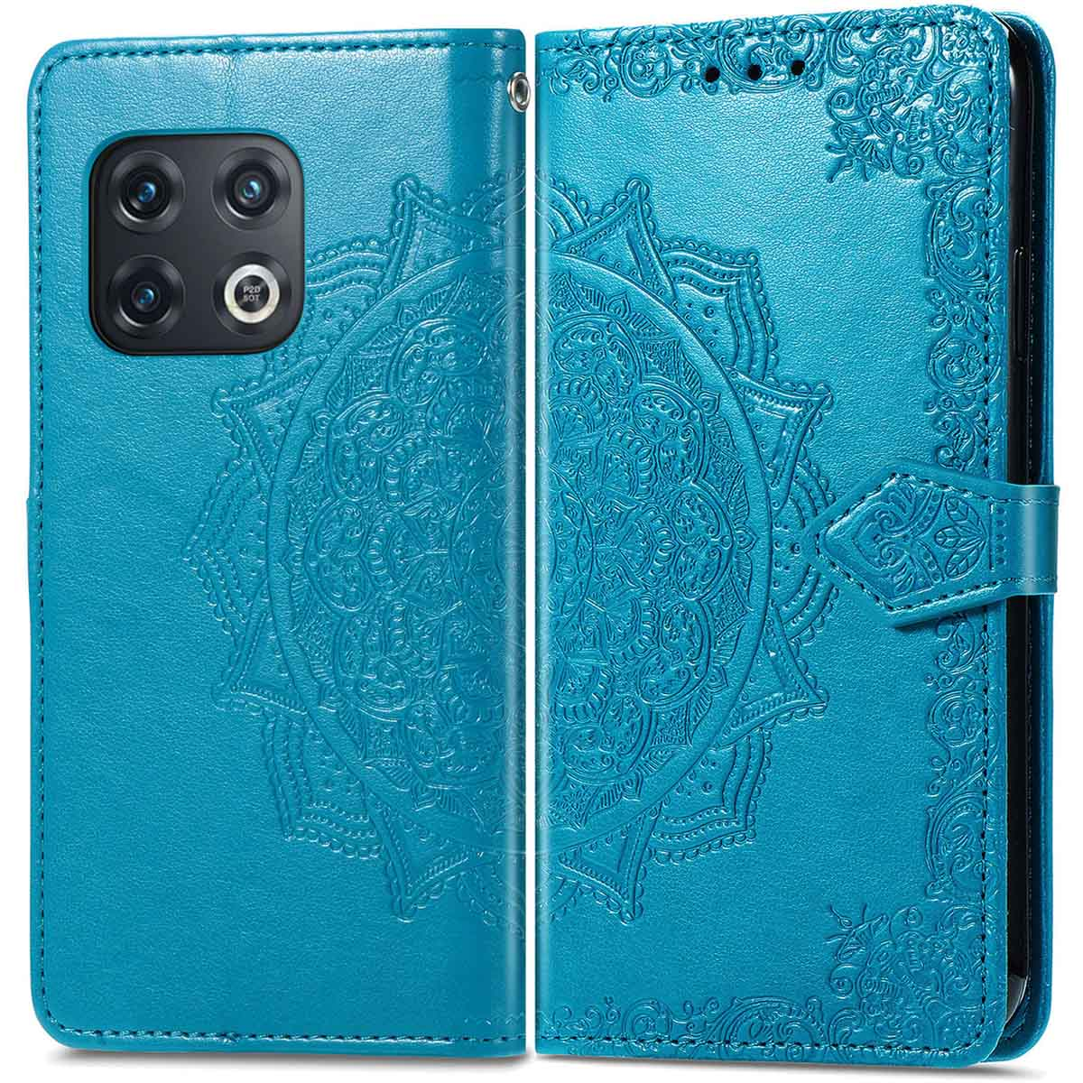 Étui portefeuille de téléphone bleu, ouvert et fermé. Motif floral détaillé. Fond blanc.