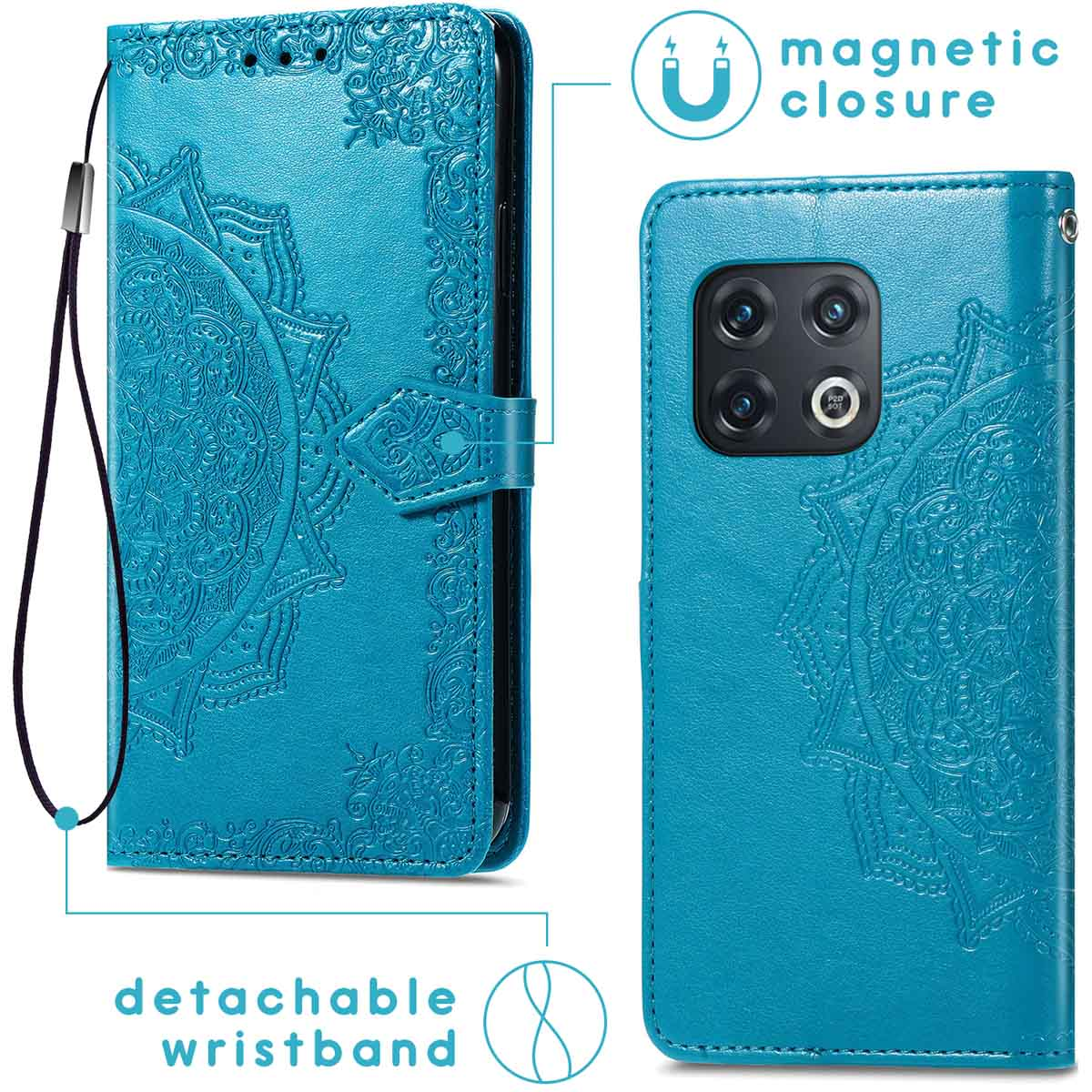 Coque de téléphone bleue avec motif mandala et dragonne amovible.