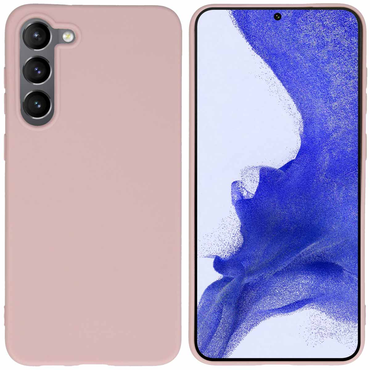 Een roze telefoon en hoesje met zichtbare cameralenzen. De telefoon zit in een hoesje.