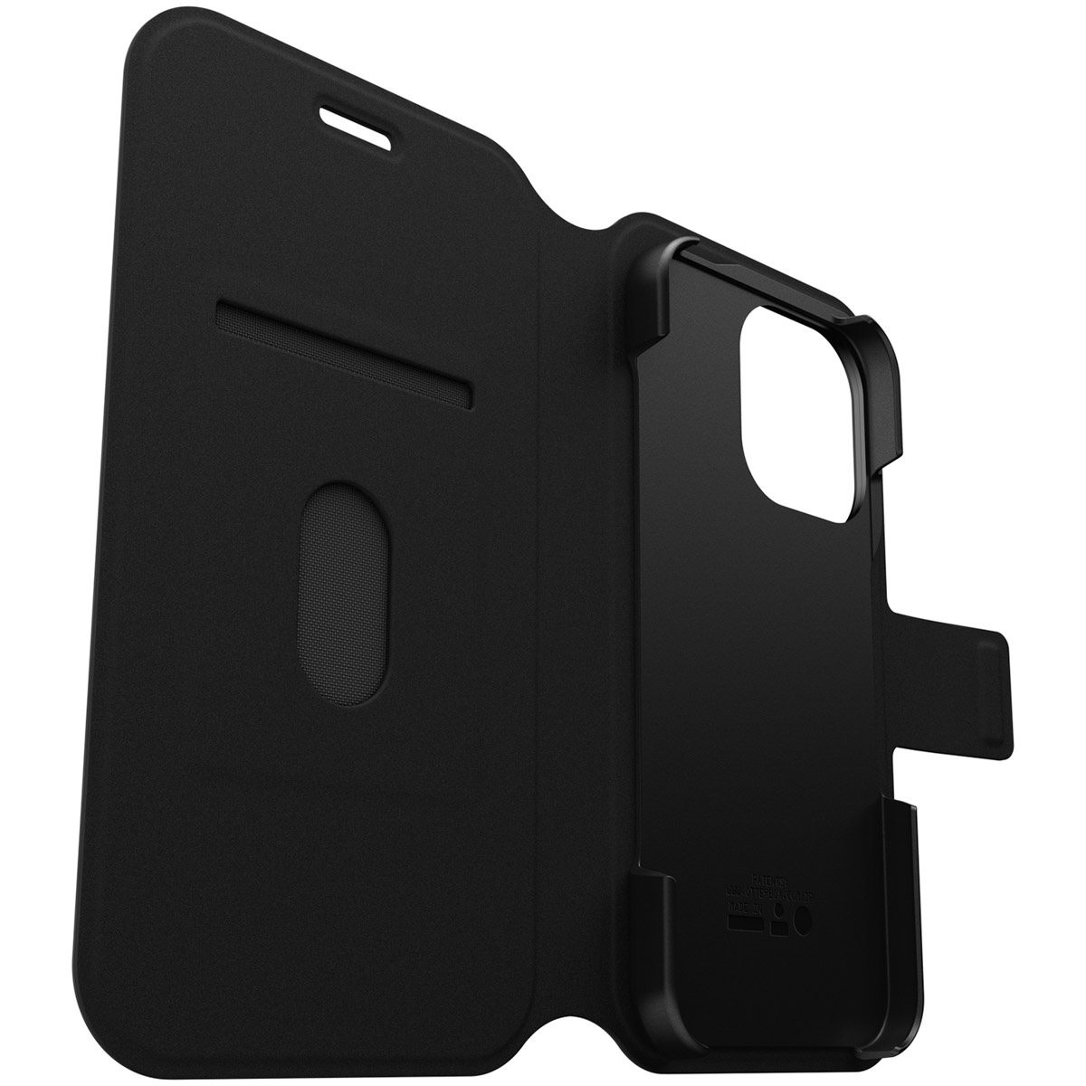 Custodia nera, fori per fotocamera, pulsanti laterali e porte, vista aperta.