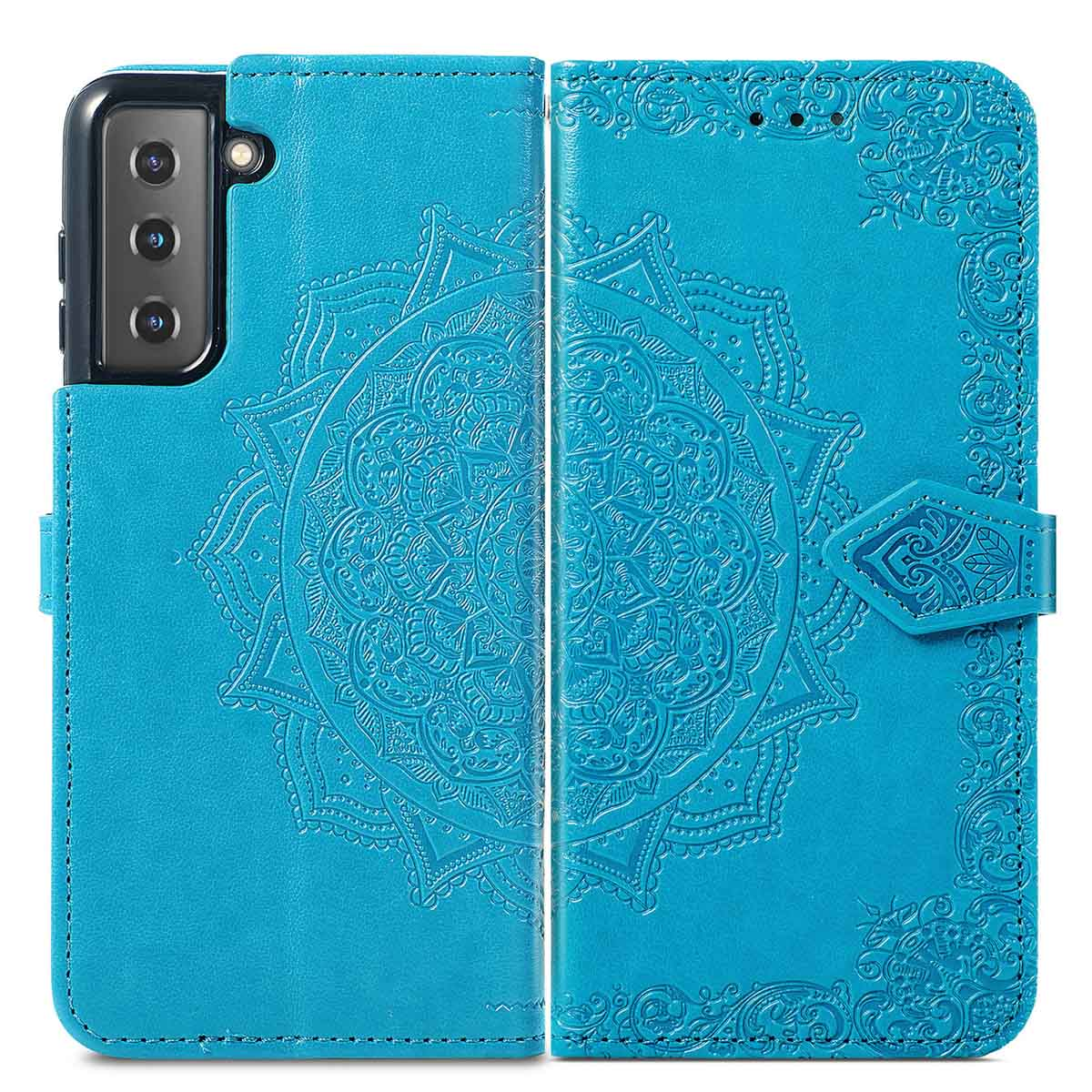 Een blauwe telefoonhoes, geopend om een telefoon met mandala-ontwerp en het frame te laten zien.