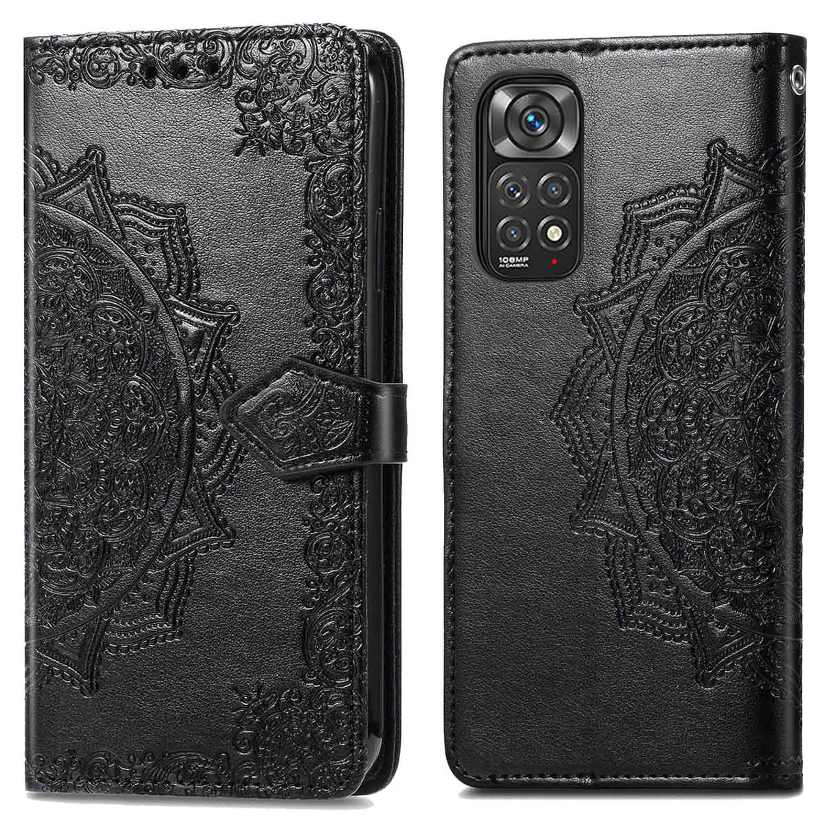 Zwarte telefoonhoes met mandala patroon, toont de telefoon.