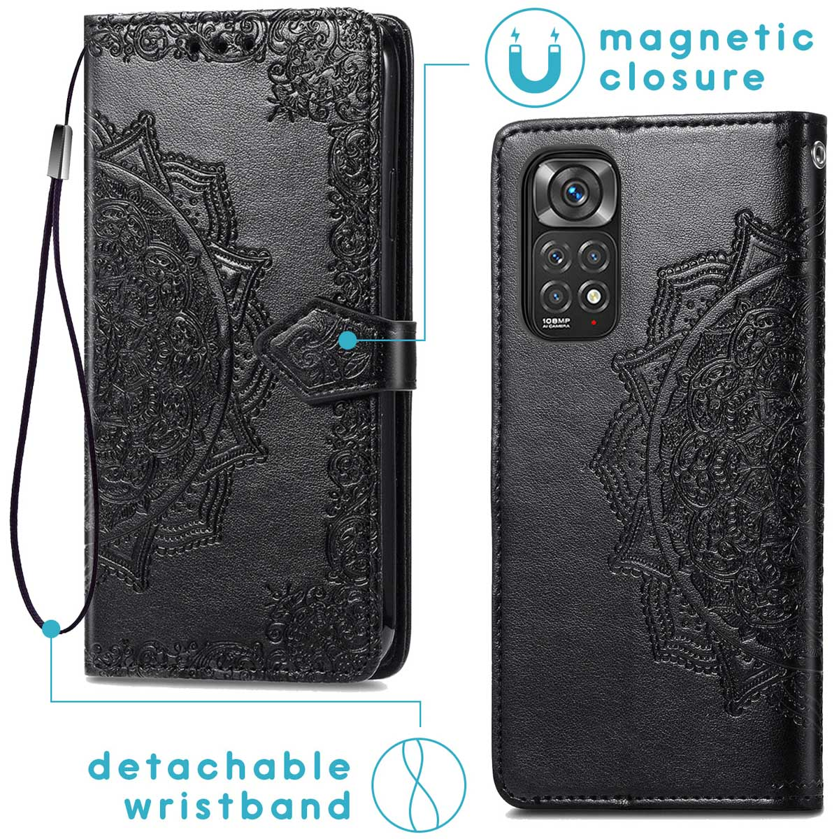 Zwarte telefoonportemonnee met reliëfpatroon, magnetische sluiting en afneembare polsband.