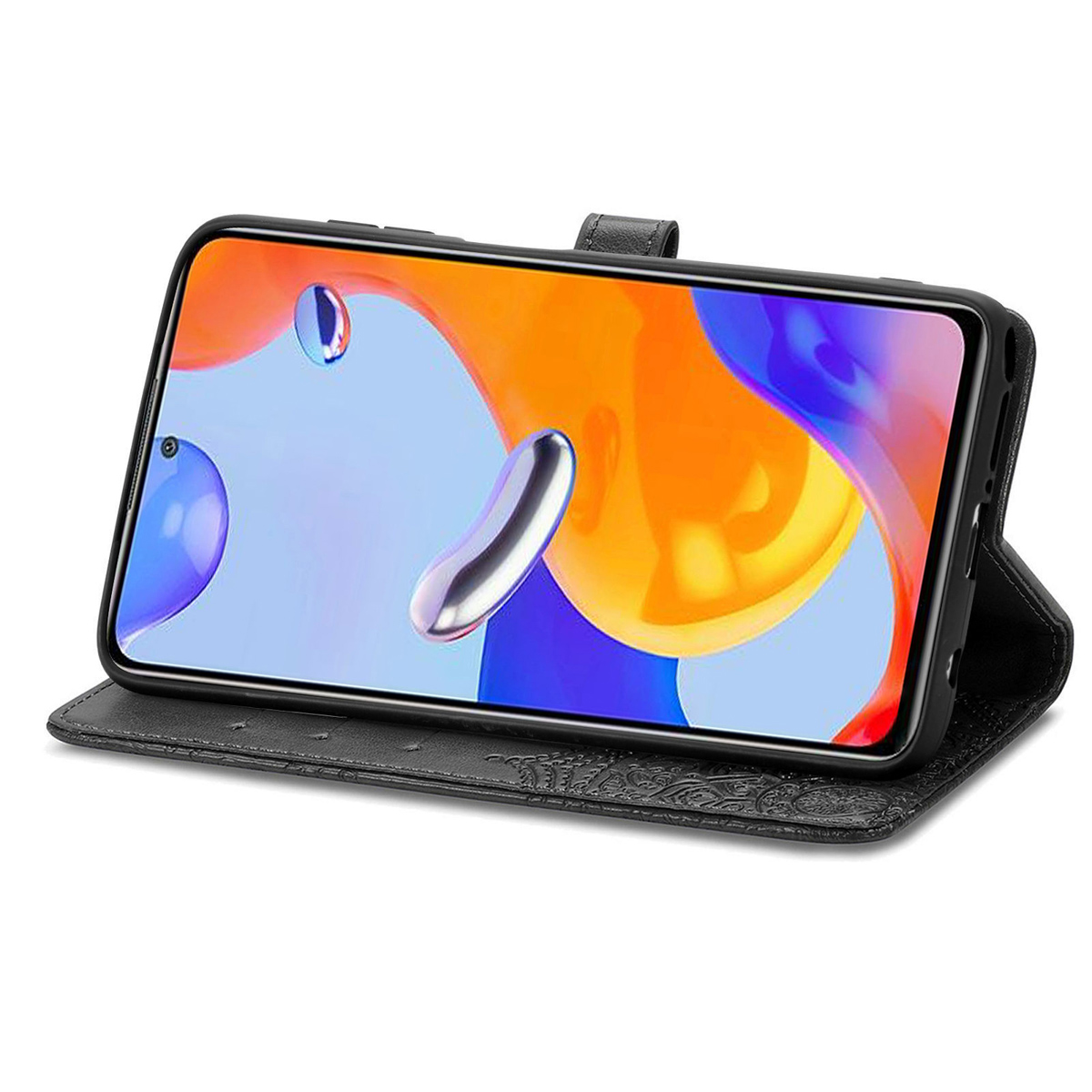 Zwarte telefoonhoes open, met telefoon erin die een abstracte kunstafbeelding weergeeft.