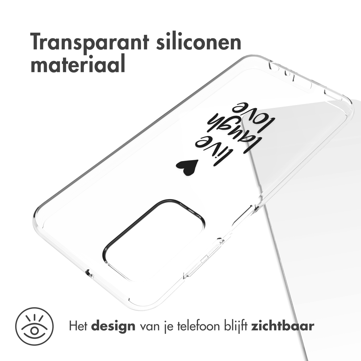 Coque transparente avec les mots 'Live, Laugh, Love' et un cœur. Le design du téléphone est visible.