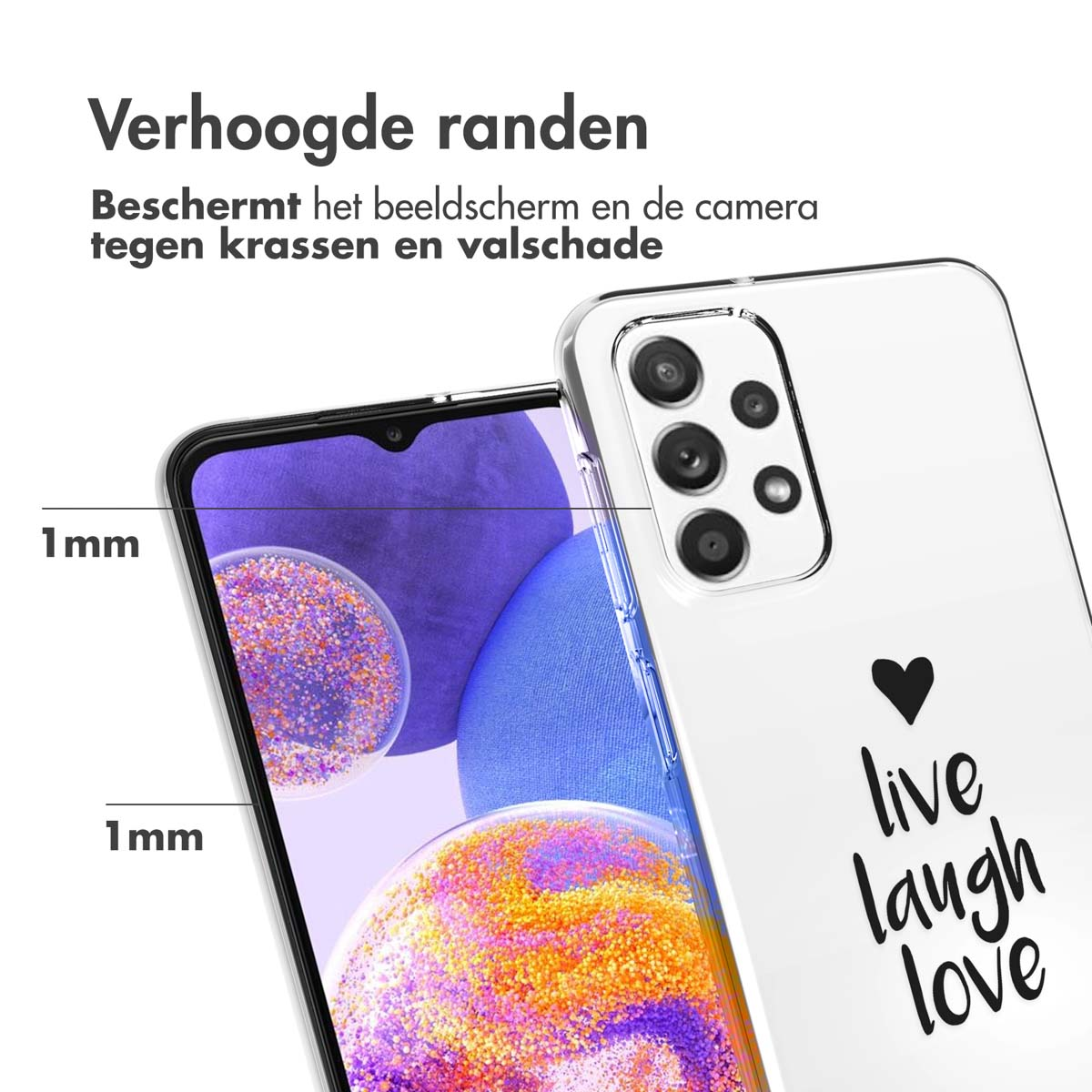Coque de téléphone transparente avec un cœur et le texte "live laugh love" au dos, vue en angle.