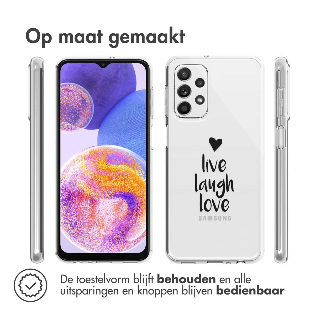 Coque transparente avec téléphone, montrant l'arrière et le côté, avec 'live laugh love'.