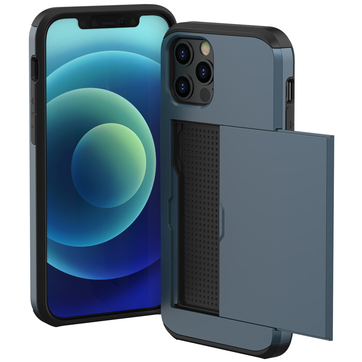 Coque bleue et noire, avec téléphone et porte-cartes.