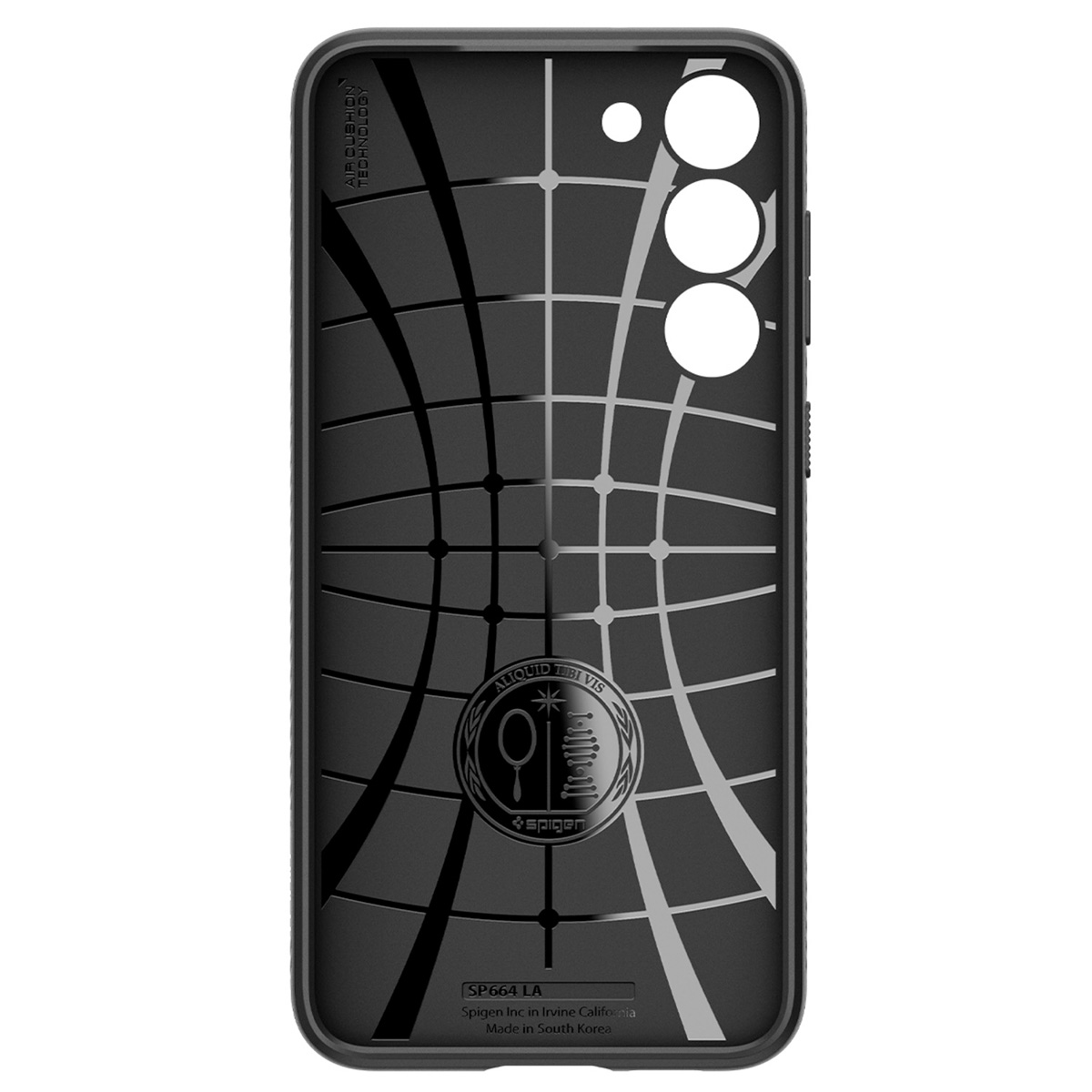 Custodia per telefono nera, con motivo a griglia e logo Spigen in basso.