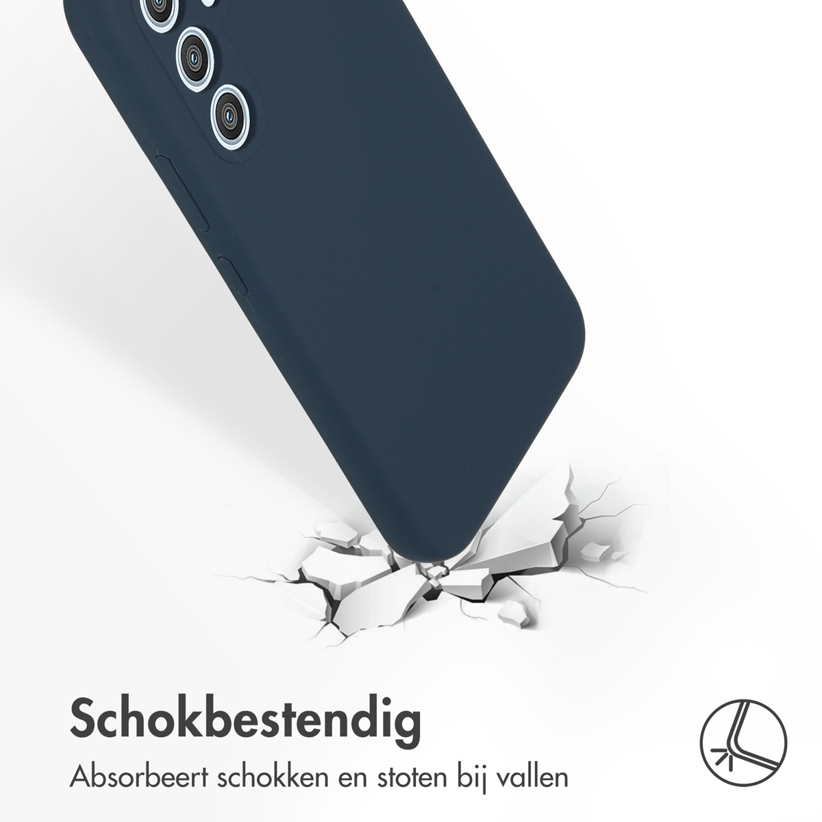 Donkerblauwe telefoonhoes. Impacttest scheuren in de grond. Tekst onderaan. Logo.