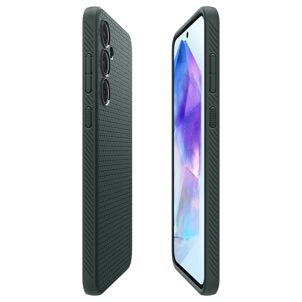 Due telefoni con custodie, uno mostra il lato e l'altro la parte anteriore. Sono neri con un design strutturato.