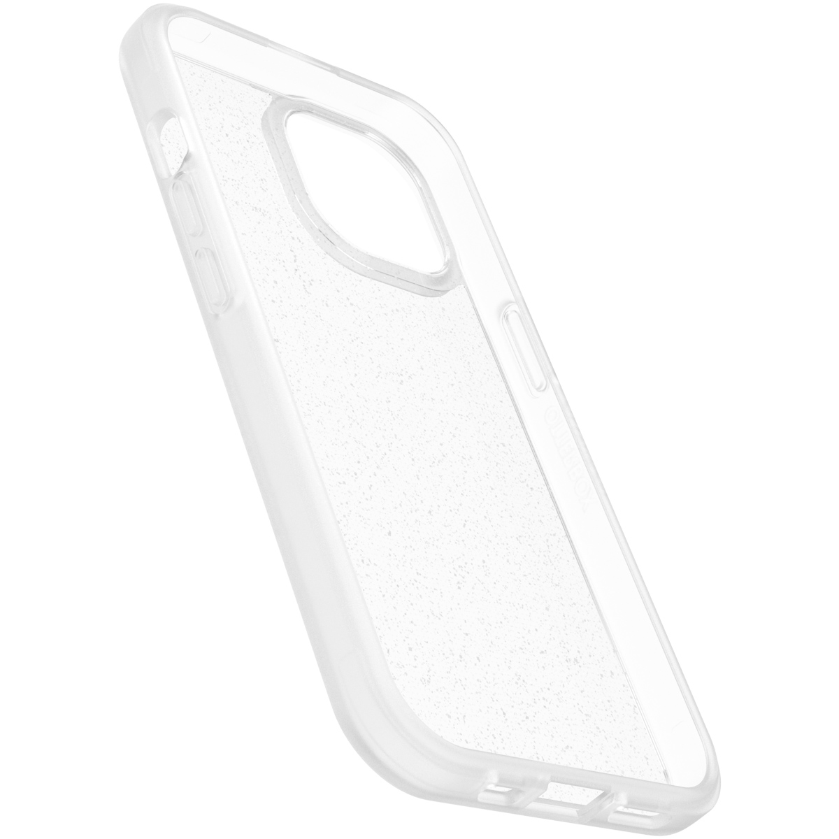 Clear phone case with a glittery interior, angled, showing the side with buttons.