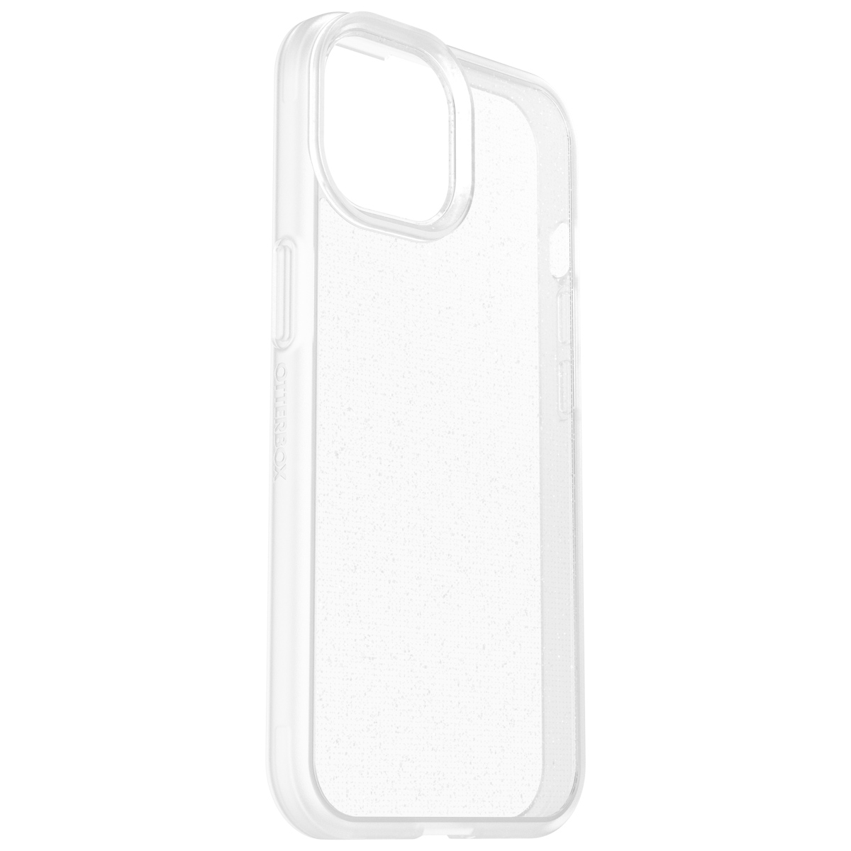 Clear phone case with glitter, showing the phone's edges.