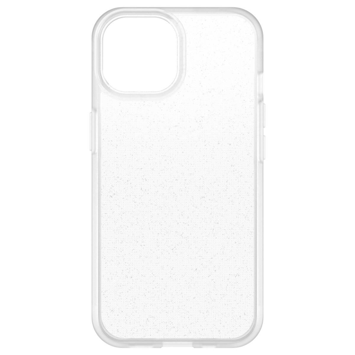 Clear phone case with glitter texture, showing the back and side profile.