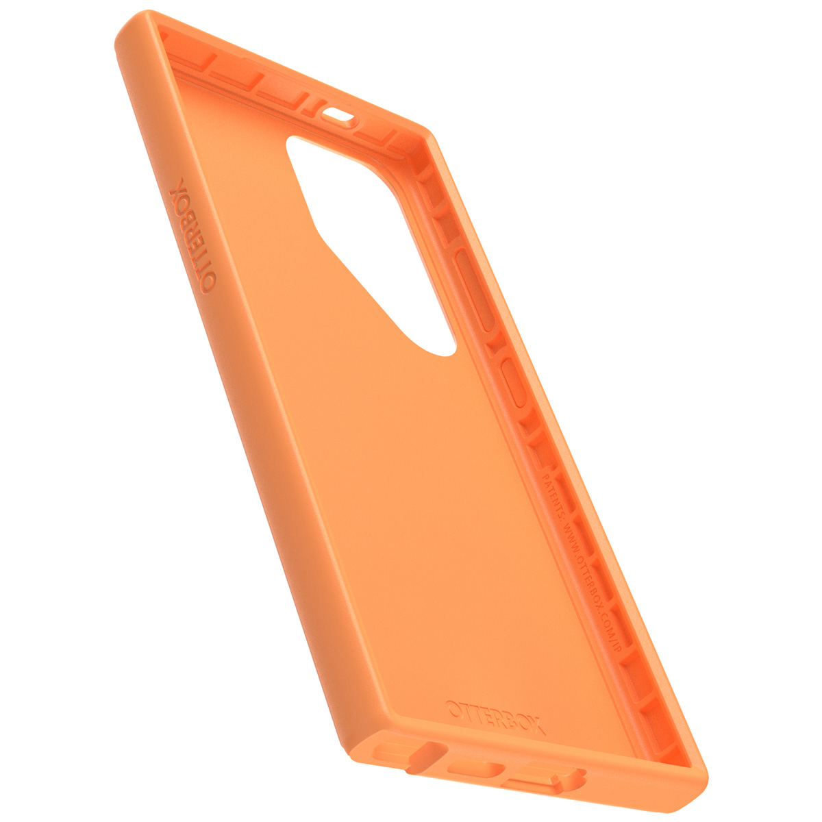 Custodia arancione per telefono, vista interna. Mostra il design interno della custodia. Il marchio OtterBox è visibile.
