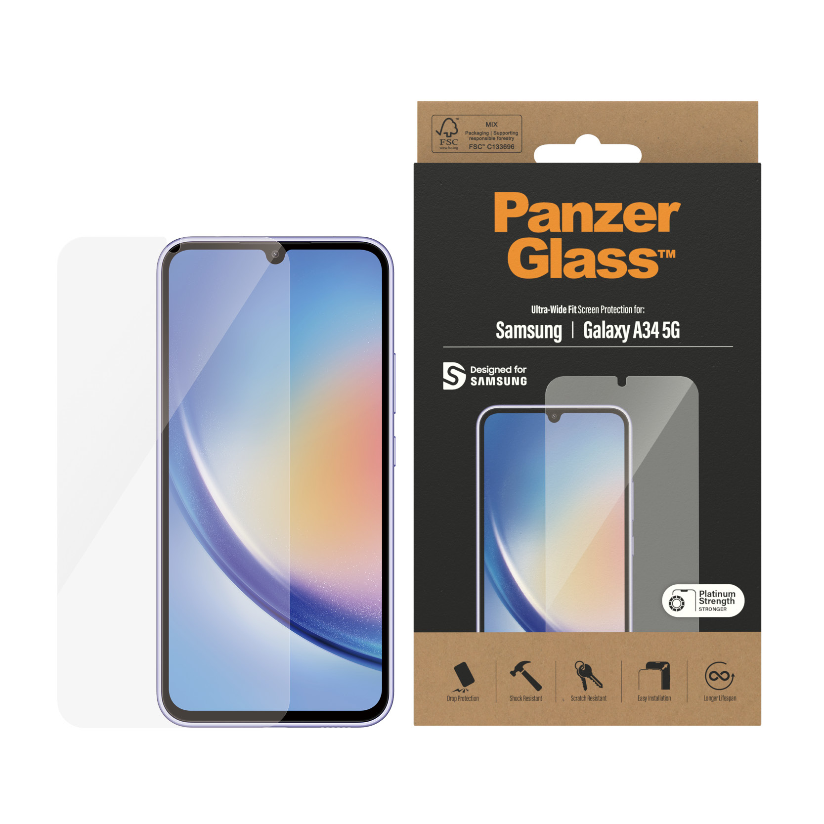 Verpakking van schermbeschermer met telefoon en beschermer.