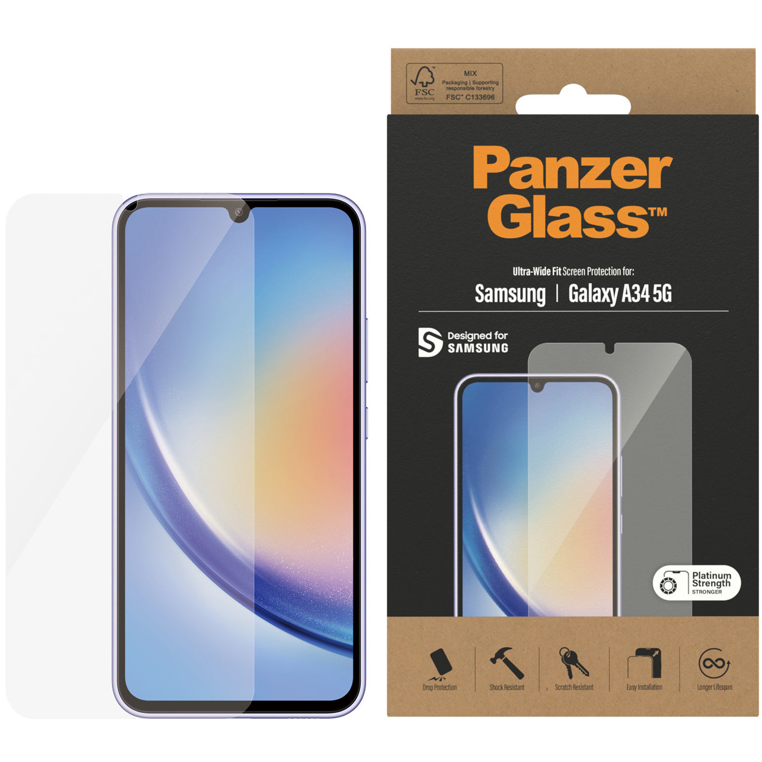 Schermbeschermer op een telefoon. De telefoon staat links en de beschermer rechts.