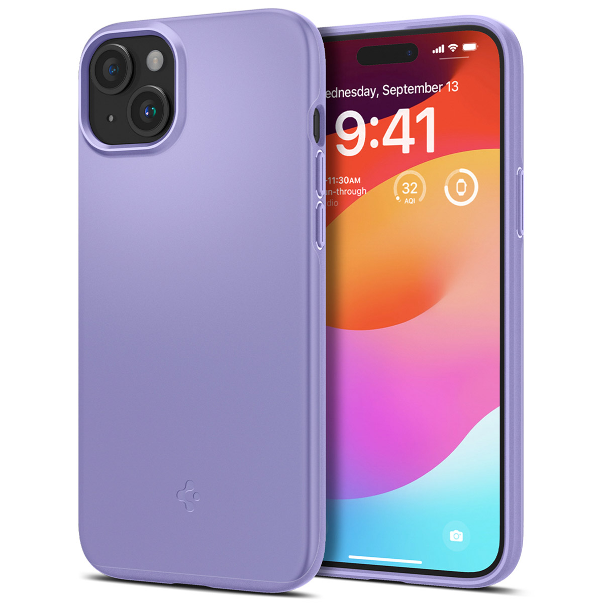 Paarse telefoonhoes met een telefoon. De telefoon toont de tijd en andere details.