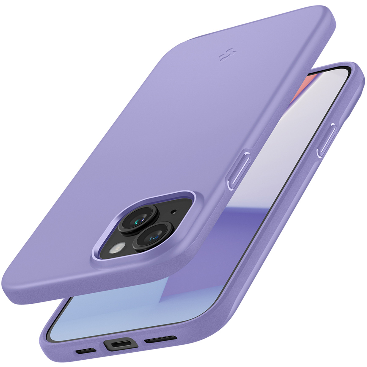 Paarse telefoonhoes met een telefoon, schuine weergave, de zijkant met knoppen tonend.