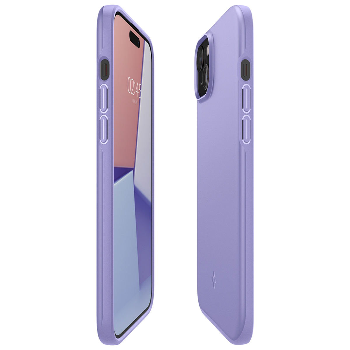 Lila telefoonhoes, toont zijkanten met camera en knoppen, en het scherm.