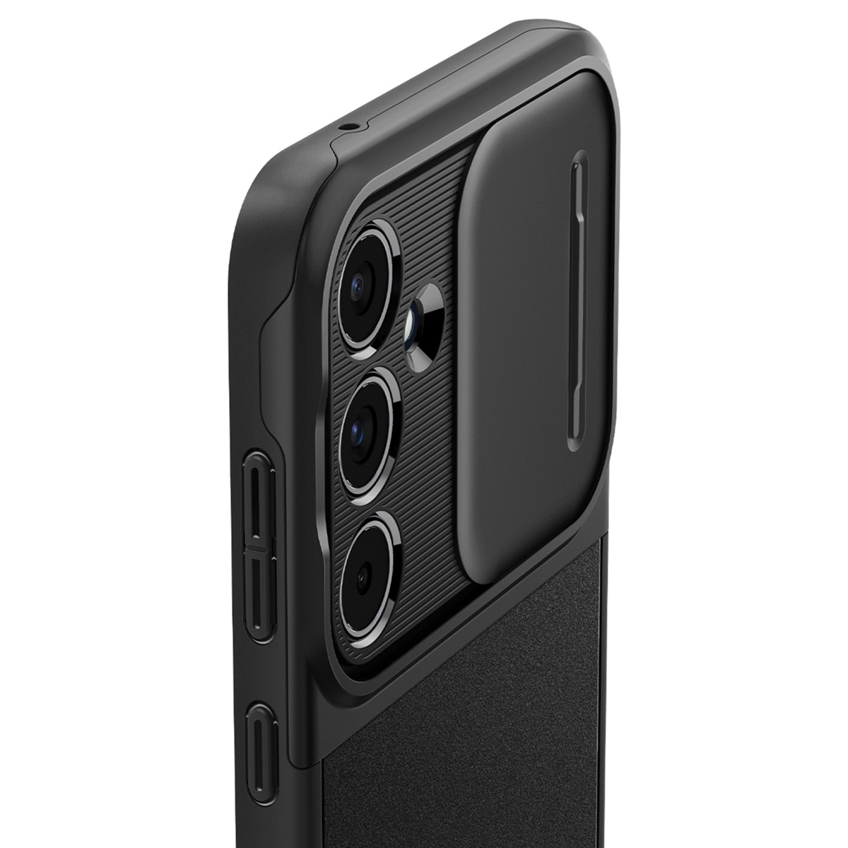 Custodia nera per telefono con protezione fotocamera. Presenta tre lenti e una copertura scorrevole.