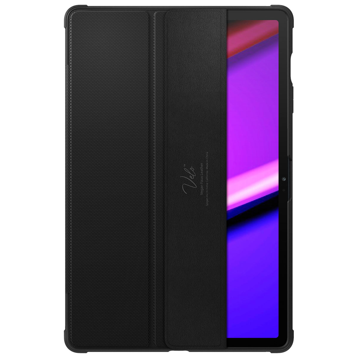 Schwarze Tablet-Hülle, geschlossen. Es ist eine Folio-Hülle. Es hat ein Velo-Logo.