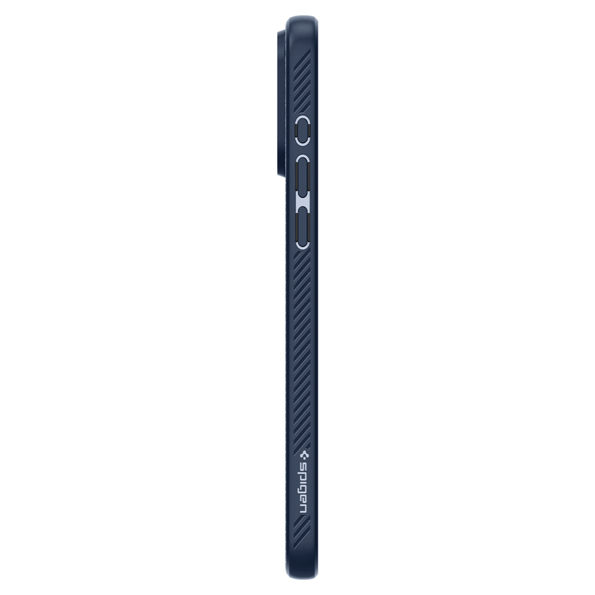 Custodia blu scuro, vista laterale con pulsanti laterali e logo Spigen.