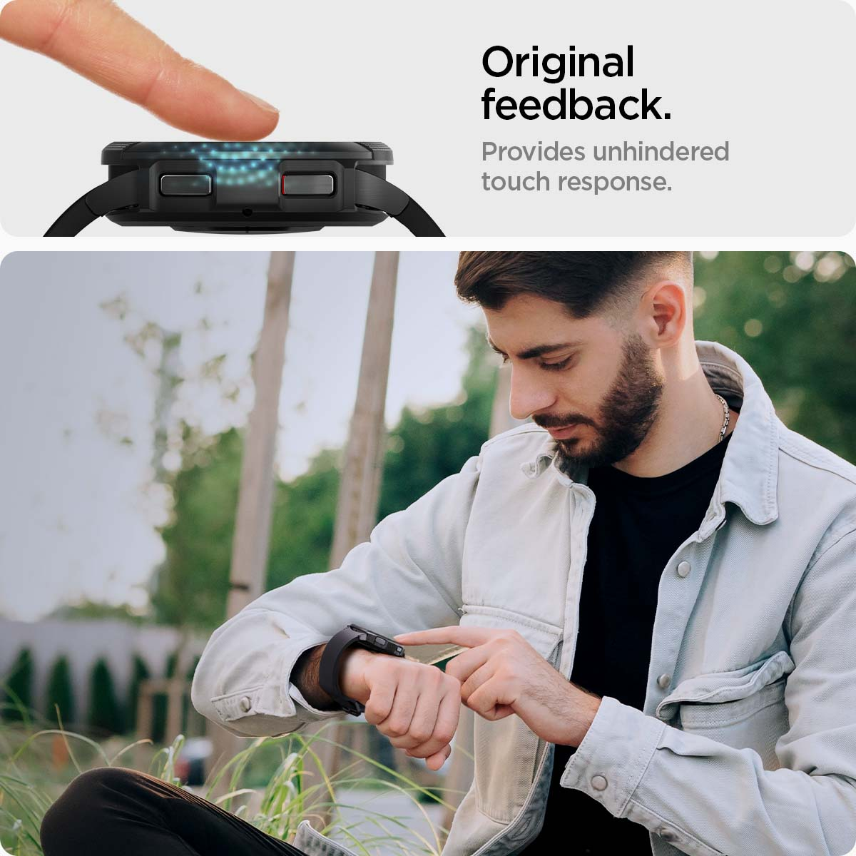 Man die interacteert met smartwatch. Vinger raakt knoppen aan. Tekst: “Originele feedback. Ongehinderde aanraakrespons.”